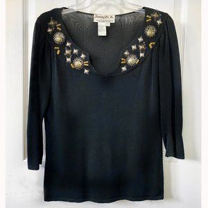 “Joseph A.” Size Small, 65% viscose/35% nylon black knit pullover top